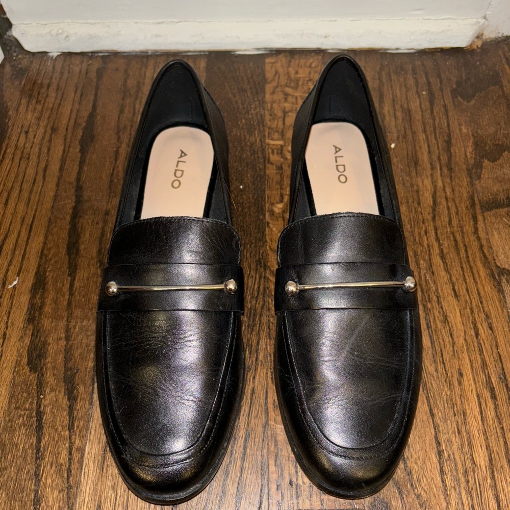 Aldo black faux leather loafers with silver embellishment